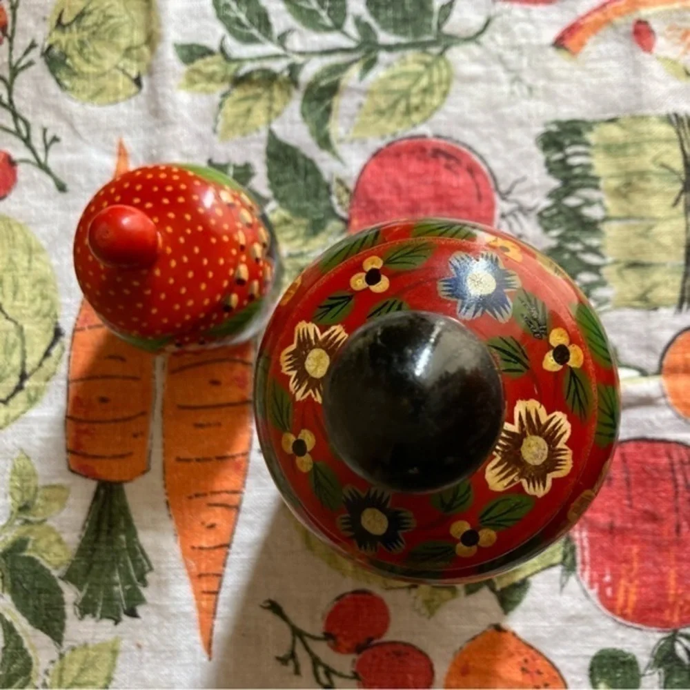 Retro Pier 1 Exports red painted decorative wooden jars with lids